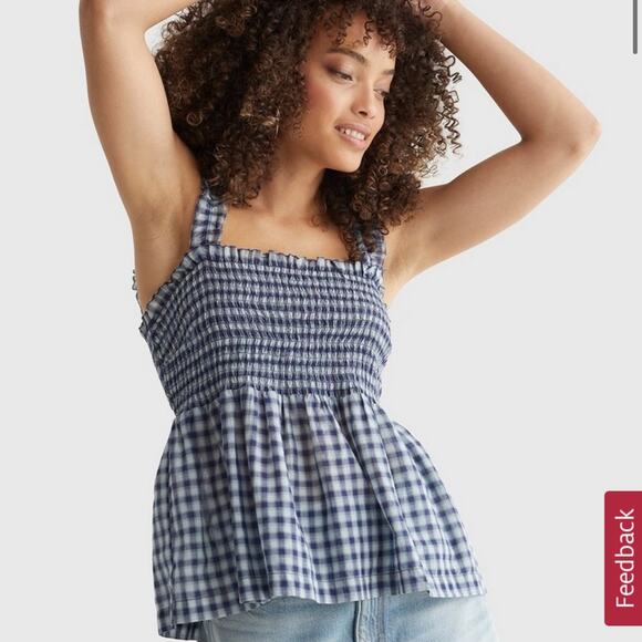 Lucky Brand Top NWT Square Neck Smock Tank Ruffled Straps Blue Gingham Womens L - Picture 1 of 6